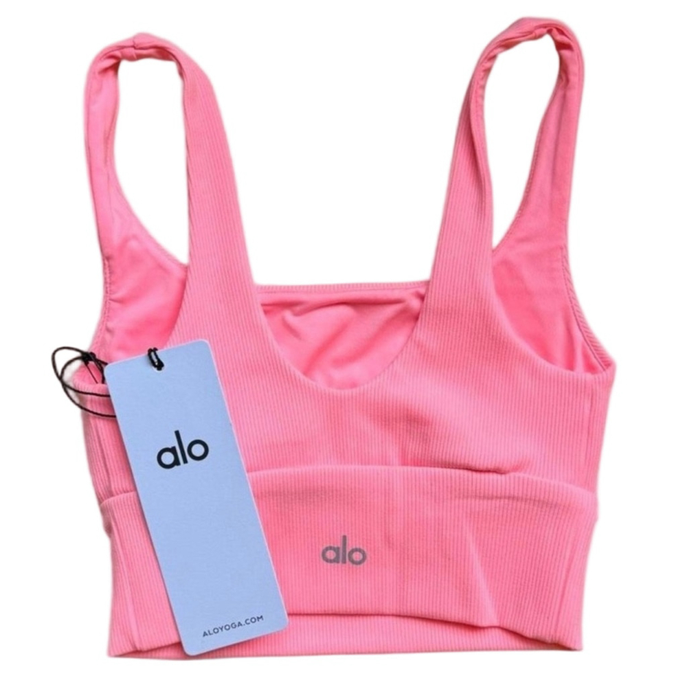 LAST ONE! SAME DAY SHIP NWT AUTHENTIC ALO YOGA NEON BUBBLEGUM PINK SLIT BRA top - Picture 6 of 6